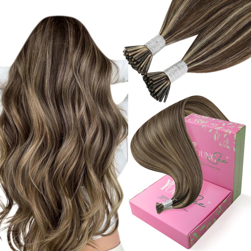 إضافات شعر YoungSee I Tip شعر بشري بني مع خصلات هايلايت إضافات شعر بشري بني داكن مع خصلات هايلايت بلون أشقر 20 بوصة إضافات شعر على شكل عصا ناعمة 50s 50g