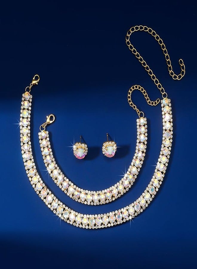 Paxuan Women Rhinestone Crystal Jewelry Set Crystal Tennis Design Rhinestone Choker Necklace Link Bracelet Teardrop Earrings Set Wedding Bridal Bridesmaids Party (Gold Plated AB Crystal（2）) - Image 5