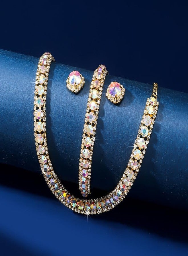 Paxuan Women Rhinestone Crystal Jewelry Set Crystal Tennis Design Rhinestone Choker Necklace Link Bracelet Teardrop Earrings Set Wedding Bridal Bridesmaids Party (Gold Plated AB Crystal（2）) - Image 4