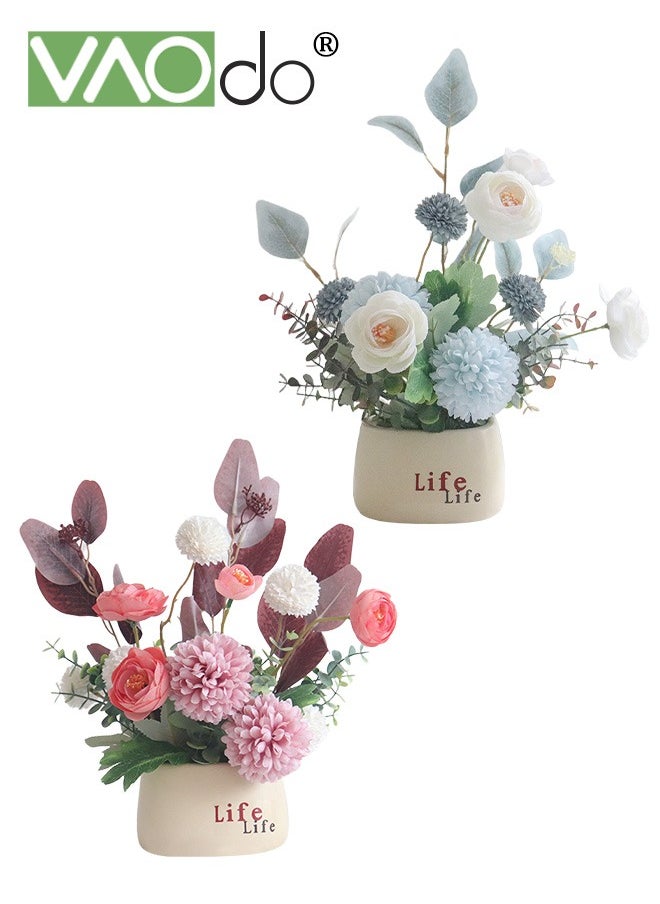 VAOdo 2PCS Small Artificial Flowers in Ceramic Vase Mini Hydrangea Silk Flower Arrangements for Home Decor Fake Flower Bouquet for Bedroom Living Room Wedding Cafe Restaurant Decoration Artificial Flowers  - Image 1