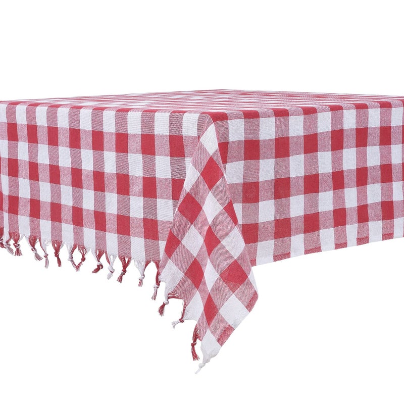 DESTALYA Checkered Tablecloth 55 x 55 Inch Picnic Blanket with Fringe, 100% Cotton Buffalo Check Plaid Gingham Rustic Style Linen Table Cover for Kitchen (Red and White 55'') - Image 1