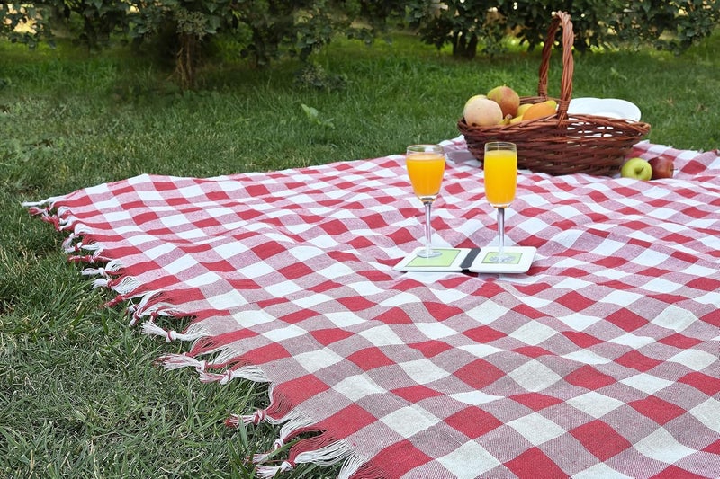 DESTALYA Checkered Tablecloth 55 x 55 Inch Picnic Blanket with Fringe, 100% Cotton Buffalo Check Plaid Gingham Rustic Style Linen Table Cover for Kitchen (Red and White 55'') - Image 3