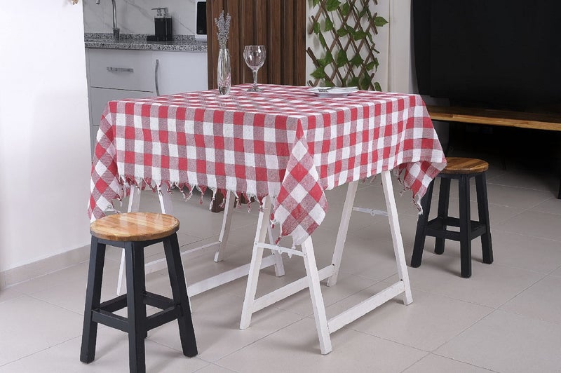 DESTALYA Checkered Tablecloth 55 x 55 Inch Picnic Blanket with Fringe, 100% Cotton Buffalo Check Plaid Gingham Rustic Style Linen Table Cover for Kitchen (Red and White 55'') - Image 2