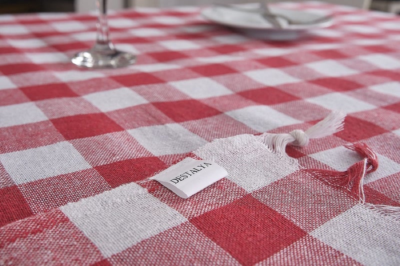 DESTALYA Checkered Tablecloth 55 x 55 Inch Picnic Blanket with Fringe, 100% Cotton Buffalo Check Plaid Gingham Rustic Style Linen Table Cover for Kitchen (Red and White 55'') - Image 4