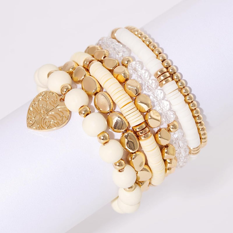 GOOJIDS Surfer Heishi Clay Bead Bracelets for Women Bohemian Stackable Gold Plated Beaded Stretch Bracelets Elastic Layering Friendship Bracelets Set Boho Jewelry - Image 2