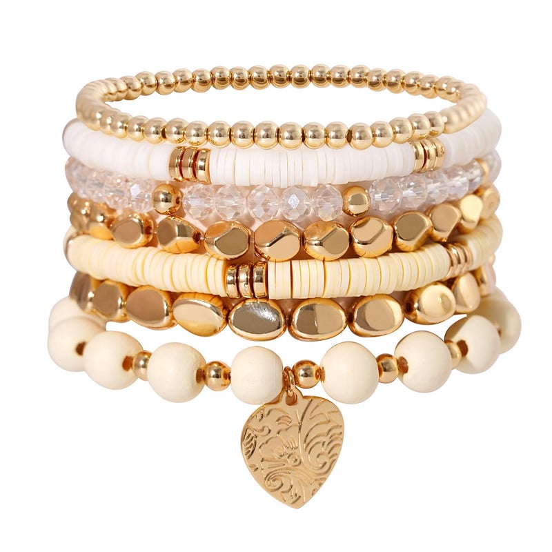 GOOJIDS Surfer Heishi Clay Bead Bracelets for Women Bohemian Stackable Gold Plated Beaded Stretch Bracelets Elastic Layering Friendship Bracelets Set Boho Jewelry - Image 1