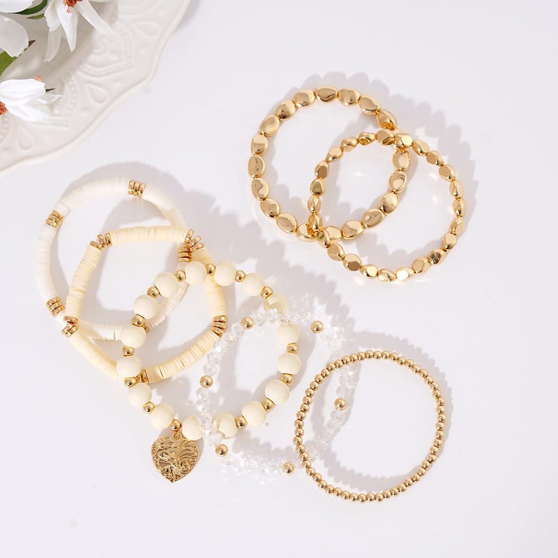 GOOJIDS Surfer Heishi Clay Bead Bracelets for Women Bohemian Stackable Gold Plated Beaded Stretch Bracelets Elastic Layering Friendship Bracelets Set Boho Jewelry - Image 3