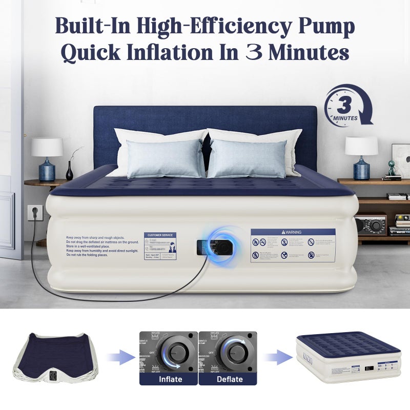 KNZZO Air Mattress Queen with Built-in Pump, Blow Up Mattress with Soft Flocked Top, Leakproof Inflatable Mattress, Foldable Waterproof Air Bed for Home, Guests, Camping, with Storage Bag - Image 4