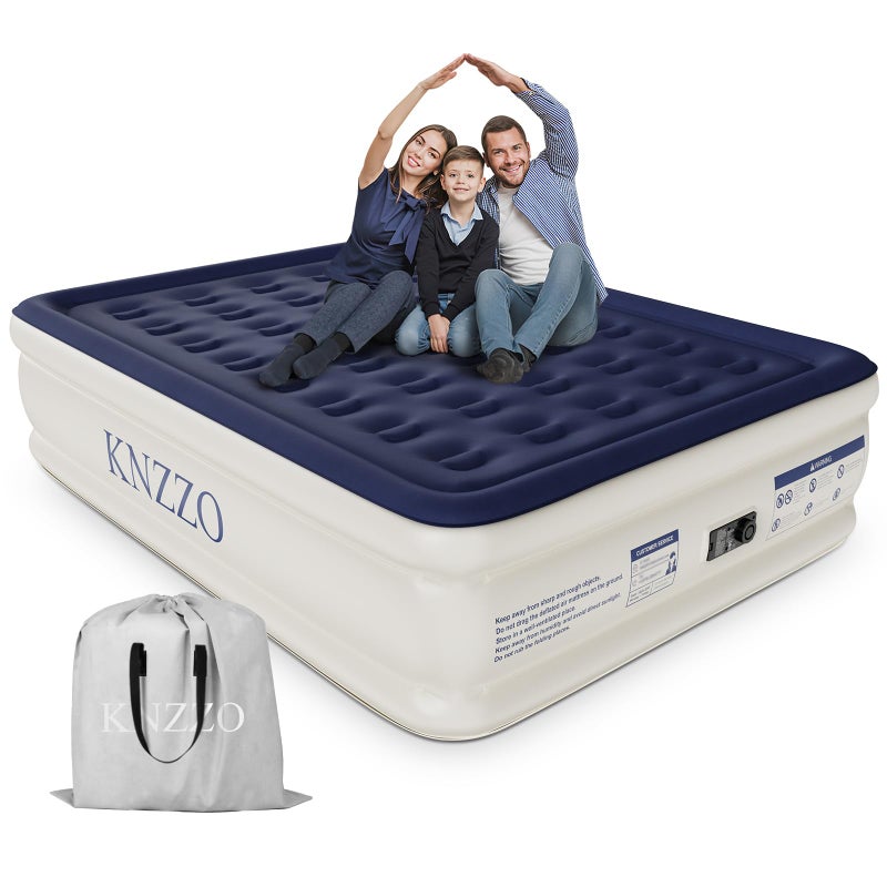 KNZZO Air Mattress Queen with Built-in Pump, Blow Up Mattress with Soft Flocked Top, Leakproof Inflatable Mattress, Foldable Waterproof Air Bed for Home, Guests, Camping, with Storage Bag - Image 1