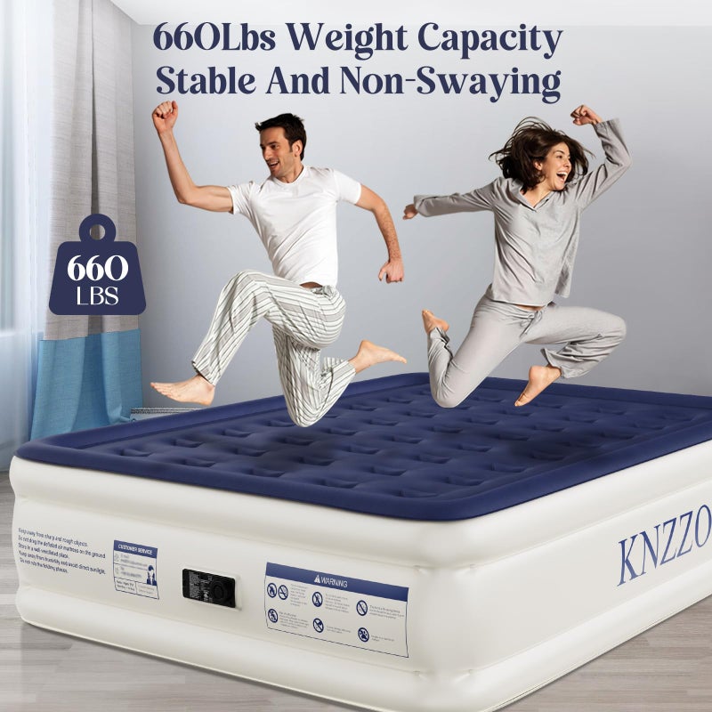 KNZZO Air Mattress Queen with Built-in Pump, Blow Up Mattress with Soft Flocked Top, Leakproof Inflatable Mattress, Foldable Waterproof Air Bed for Home, Guests, Camping, with Storage Bag - Image 2