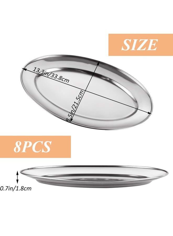 AKOLAFE 8PCS Large Stainless Steel Sizzle Platter Food Serving Trays for Party Buffet Oval Serving Platter Set Decorative Silver Plates Metal Long & Deep Sizzler Plates for Sushi Appetizer Table Dish - Image 2