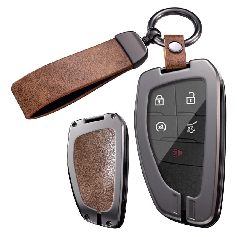 ontto Key Fob Cover Fit for GMC Acadia 2025 Car Key Case for Hummer EV Yukon Canyon Sierra Terrain 2021upMetal and Leather Key Housing with Clear TPU Front CaseBrown