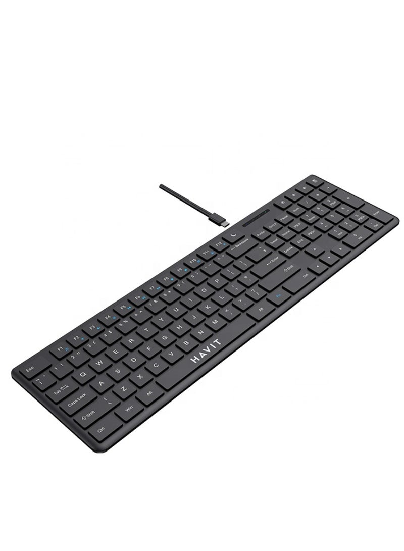 havit Ultra Slim USB-C Wired Keyboard with Quiet Typing and Number Pad, Full-Size, Low-Profile Scissor Switches, Detachable Cable, Multimedia Shortcuts, Ergonomic Portable Design, Compatible with Windows, Mac, Android, Linux, iPadOS - Ideal for Office, Home, Travel, and Remote Working - Image 1