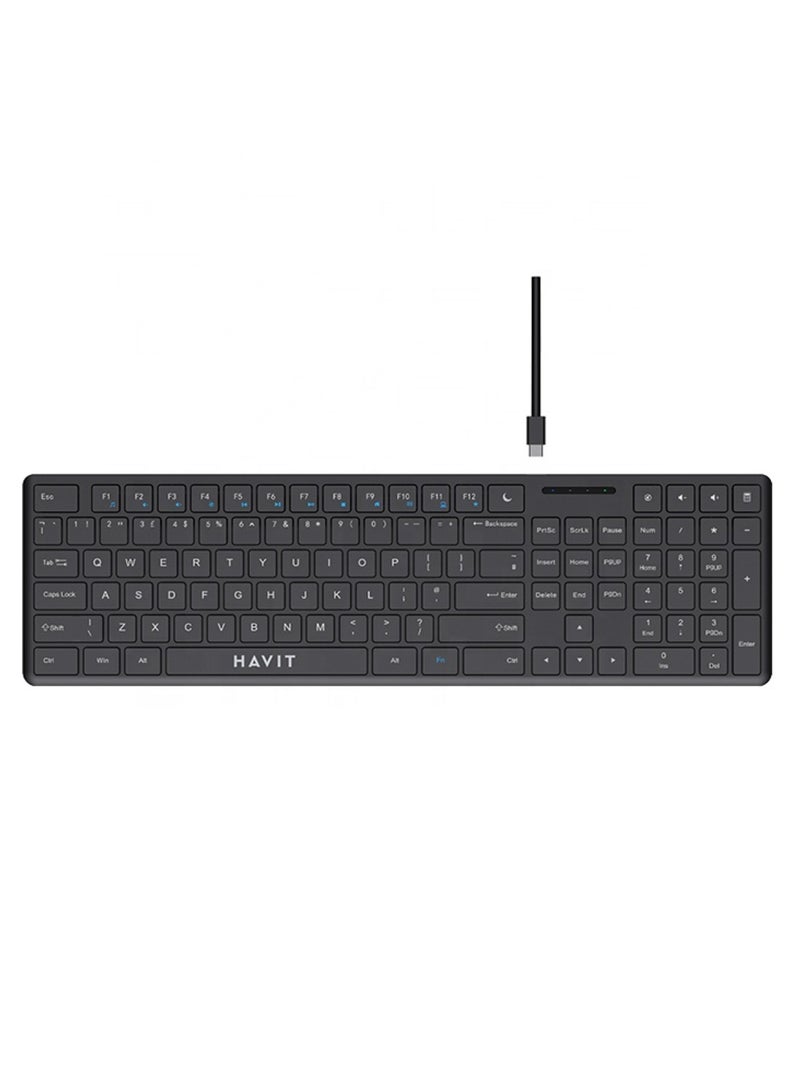 havit Ultra Slim USB-C Wired Keyboard with Quiet Typing and Number Pad, Full-Size, Low-Profile Scissor Switches, Detachable Cable, Multimedia Shortcuts, Ergonomic Portable Design, Compatible with Windows, Mac, Android, Linux, iPadOS - Ideal for Office, Home, Travel, and Remote Working - Image 4