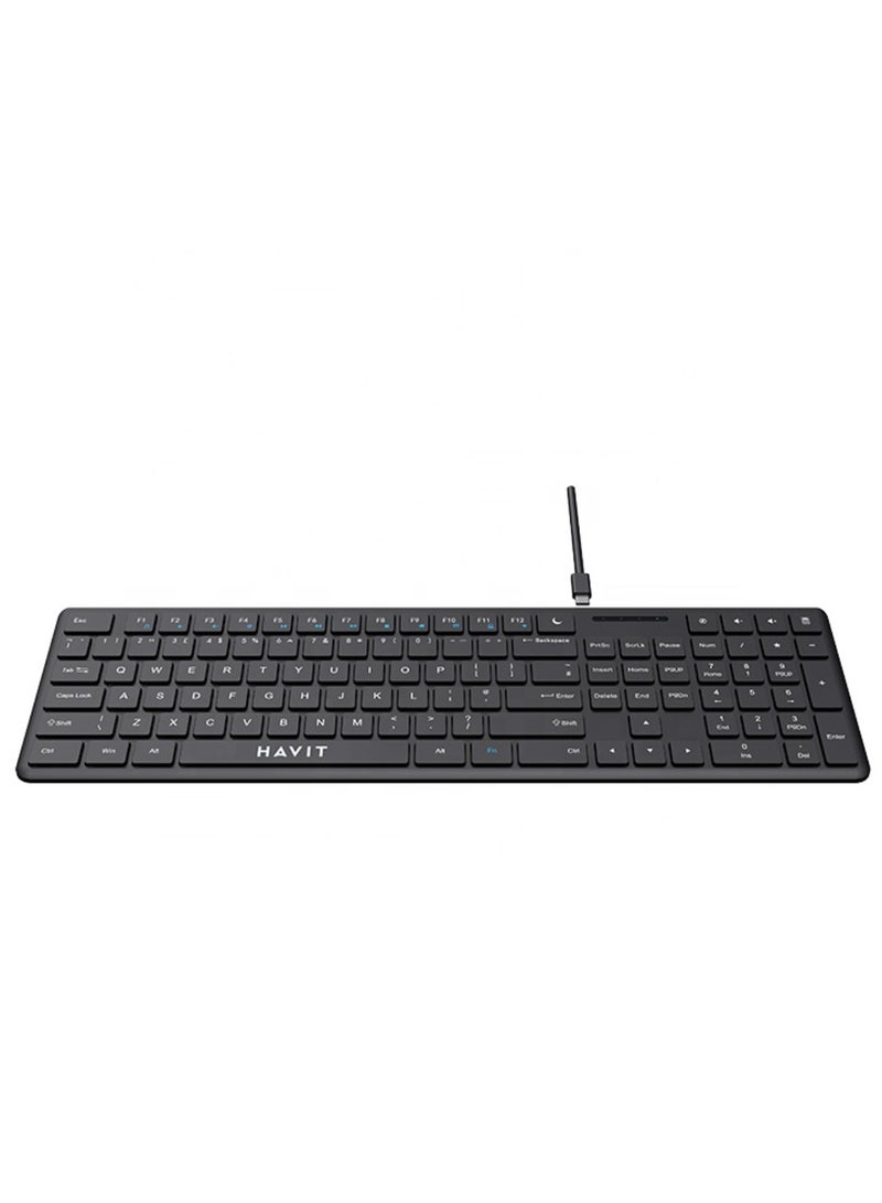 havit Ultra Slim USB-C Wired Keyboard with Quiet Typing and Number Pad, Full-Size, Low-Profile Scissor Switches, Detachable Cable, Multimedia Shortcuts, Ergonomic Portable Design, Compatible with Windows, Mac, Android, Linux, iPadOS - Ideal for Office, Home, Travel, and Remote Working - Image 3