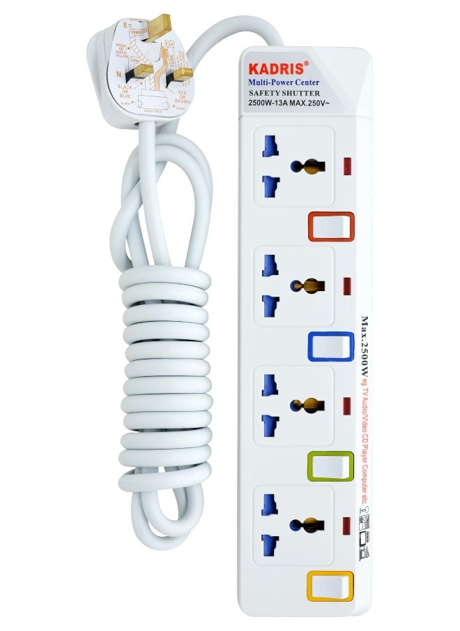 KADRIS - Power Strips 914 Heavy Duty Extension Cord with 4 way Outlets with individual switch, Charging Socket with 3 meter Heat resistant  Extension Cord (White) - Image 1