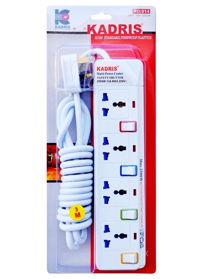KADRIS - Power Strips 914 Heavy Duty Extension Cord with 4 way Outlets with individual switch, Charging Socket with 3 meter Heat resistant  Extension Cord (White) - Image 1