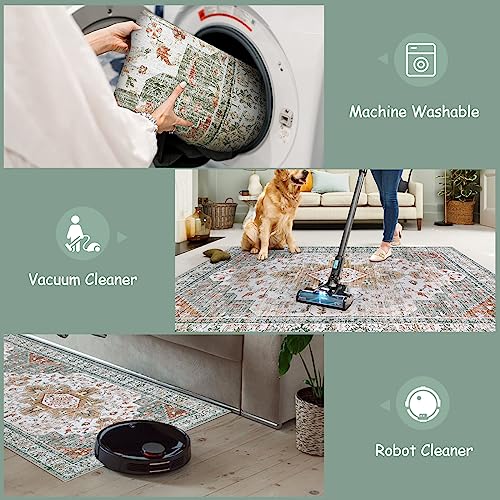 Moynesa Ultra-Thin Washable Vintage Area Rug - 5x7 Large Boho Non-Slip Rug for Bedroom Living Room Oriental Medallion Non-Shedding Print Floor Carpet for Dining Room Home, Brick Red/Dull Teal - Image 3