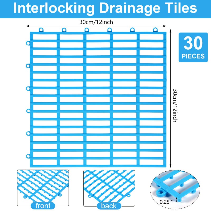 Tinideya 30 Pcs Interlocking Drainage Tiles 12" x 12" Anti-Slip Shower Floor Mat TPE Garage Floor Tile with Drain Holes Vented Deck Tiles for Bathroom,Garage,Kitchen,Swimming Pool,Pet Areas(Blue) - Image 2