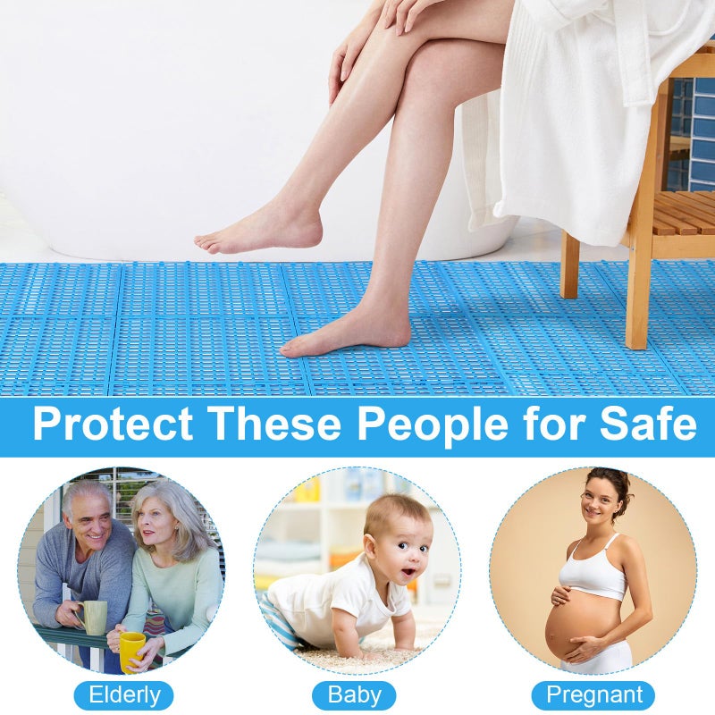 Tinideya 30 Pcs Interlocking Drainage Tiles 12" x 12" Anti-Slip Shower Floor Mat TPE Garage Floor Tile with Drain Holes Vented Deck Tiles for Bathroom,Garage,Kitchen,Swimming Pool,Pet Areas(Blue) - Image 4