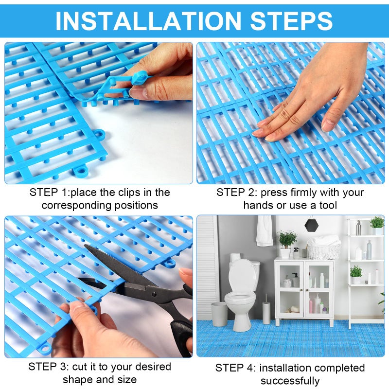Tinideya 30 Pcs Interlocking Drainage Tiles 12" x 12" Anti-Slip Shower Floor Mat TPE Garage Floor Tile with Drain Holes Vented Deck Tiles for Bathroom,Garage,Kitchen,Swimming Pool,Pet Areas(Blue) - Image 5