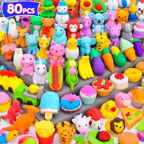 Palmatte 80PCS Mini Animal Erasers for Kids Bulk Small Toys 3D Cute Erasers Desk Pets Treasure Box Toys Prizes for Classroom School Supplies Teacher Must Haves Students Gifts Kids Party Favors Random - Image 1