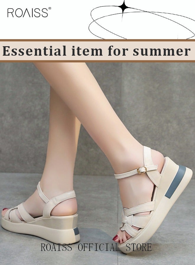 roaiss Wedge Sandals for Women Comfortable Open Toe Sandals Casual Summer Buckle Open Toe Ankle Strap Platform Sandals Platform Wedge Heels Sandals Rubber Increase Sole Shoes - Image 5