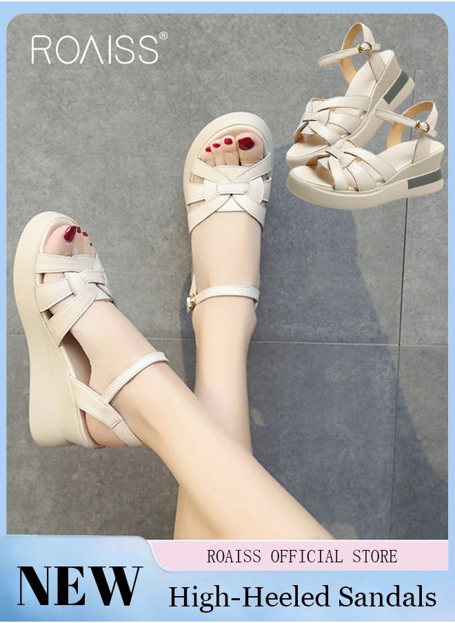 roaiss Wedge Sandals for Women Comfortable Open Toe Sandals Casual Summer Buckle Open Toe Ankle Strap Platform Sandals Platform Wedge Heels Sandals Rubber Sole Shoes  - Image 1