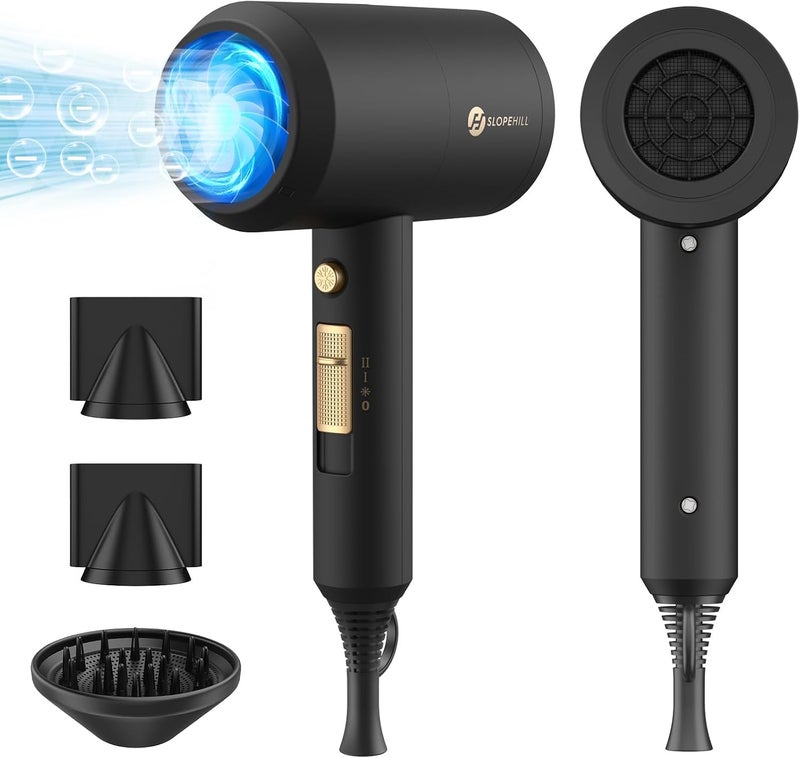 SLOPEHILL Professional Ionic Hair Dryer, Powerful 1800W Fast Drying Low Noise Blow Dryer with 2 Concentrator Nozzle 1 Diffuser Attachments for Home Salon Travel (Black) - Image 1