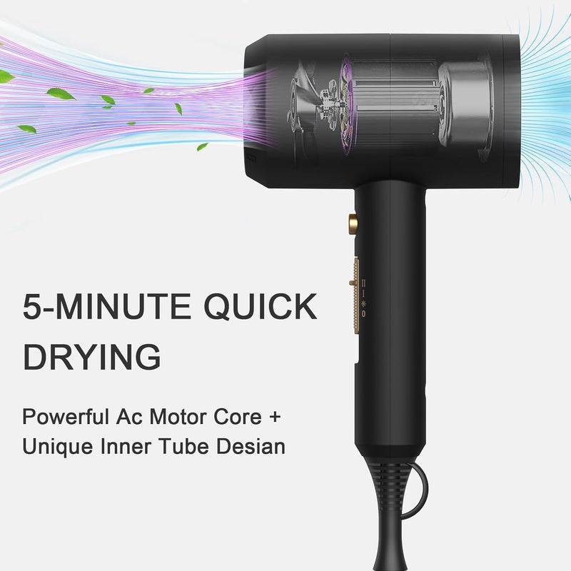SLOPEHILL Professional Ionic Hair Dryer, Powerful 1800W Fast Drying Low Noise Blow Dryer with 2 Concentrator Nozzle 1 Diffuser Attachments for Home Salon Travel (Black) - Image 2
