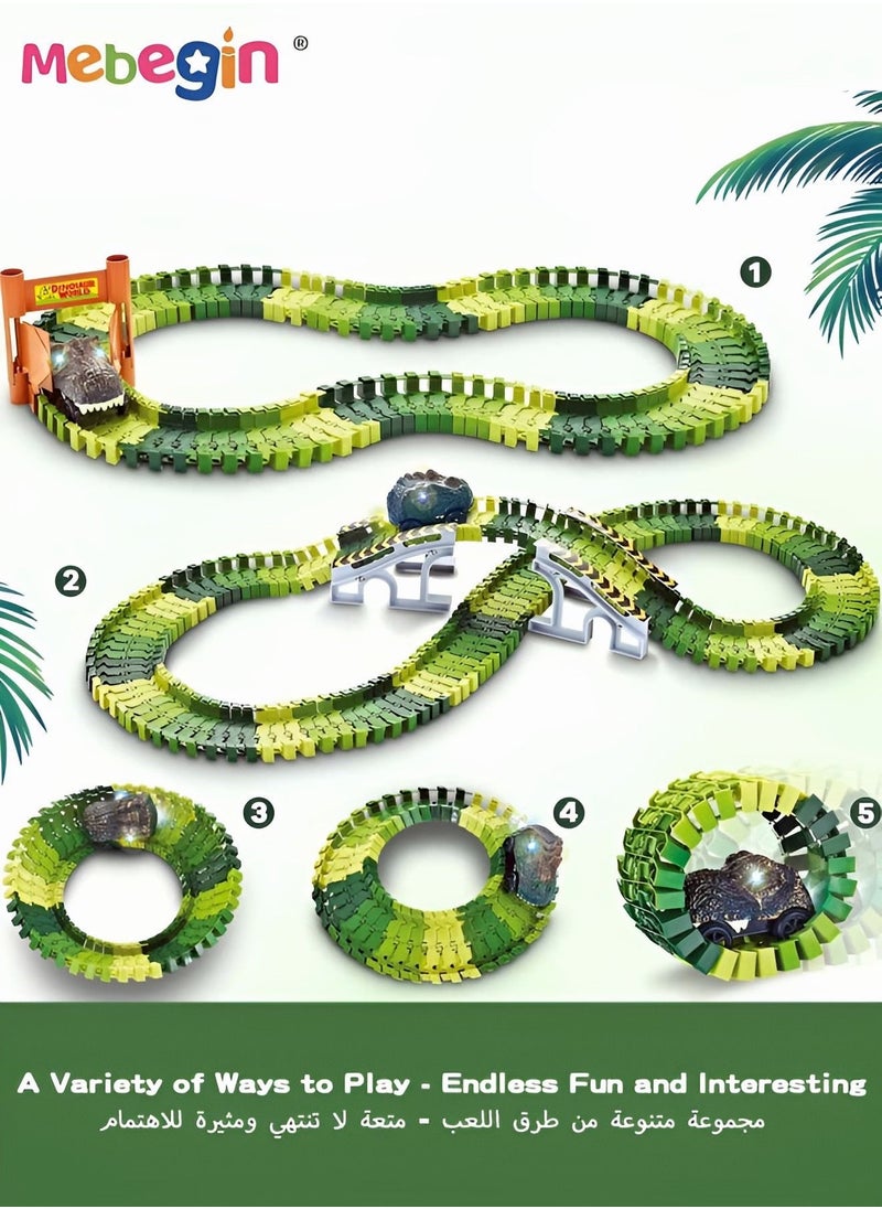 MEBEGIN 156PCS Dinosaur Race Track Toys Set, Dinosaur-themed Car Toys, Flexible Dinosaur Track Toy Set with 2 Dinosaurs Figures, 2 Dinosaur Cars, 144 Track Pieces and Other Accessaries, Educational Toys Gift for Kids  - Image 3