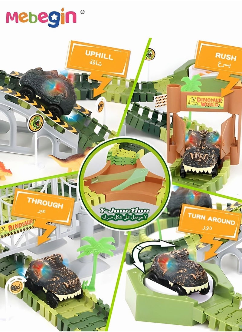 MEBEGIN 156PCS Dinosaur Race Track Toys Set, Dinosaur-themed Car Toys, Flexible Dinosaur Track Toy Set with 2 Dinosaurs Figures, 2 Dinosaur Cars, 144 Track Pieces and Other Accessaries, Educational Toys Gift for Kids  - Image 2