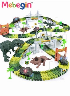 MEBEGIN 156PCS Dinosaur Race Track Toys Set, Dinosaur-themed Car Toys, Flexible Dinosaur Track Toy Set with 2 Dinosaurs Figures, 2 Dinosaur Cars, 144 Track Pieces and Other Accessaries, Educational Toys Gift for Kids  - Image 1