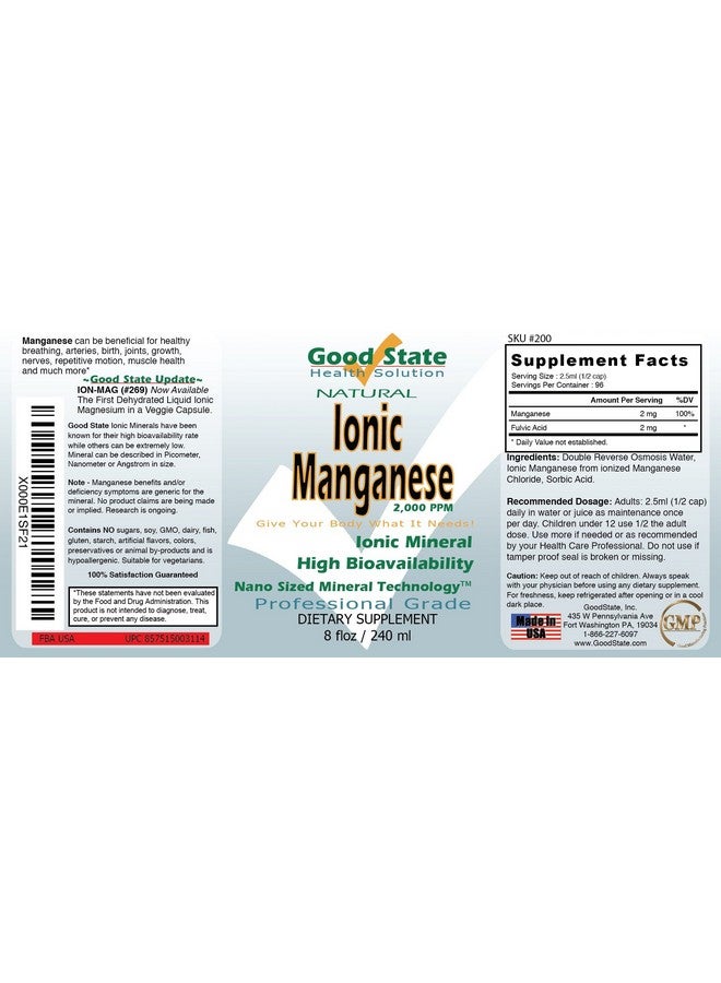 Good State Good State Liquid Ionic Manganese (96 servings at 2 mg elemental, plus 2 mg fulvic acid - 8 fl oz)  - Image 2