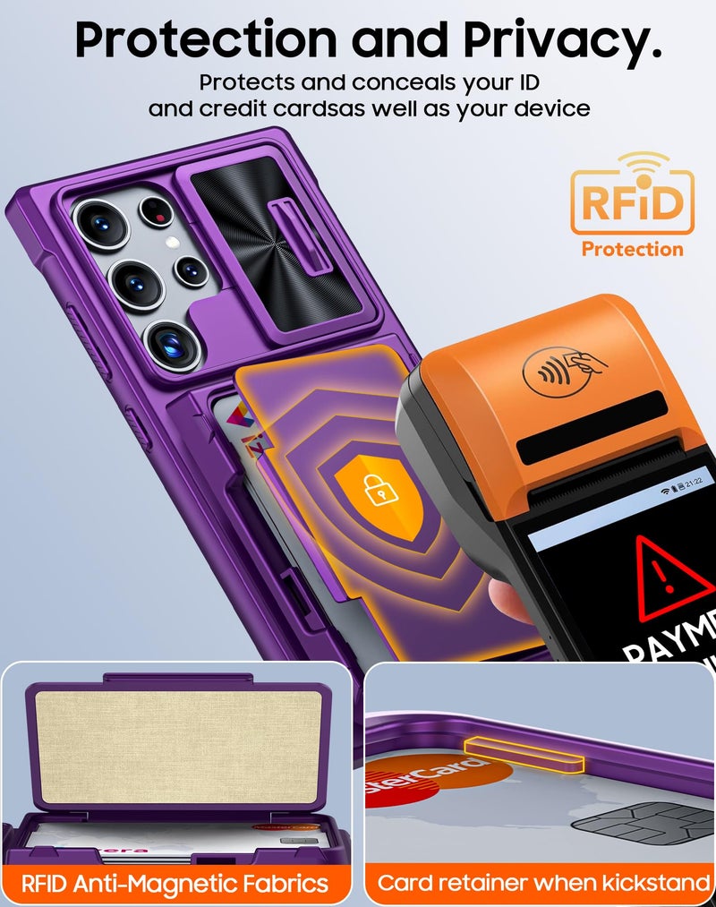 Vizvera for Samsung Galaxy S24 Ultra Case Wallet, RFID Cards Holder & Camera Cover & Kickstand for Women Men, Full Body Rugged Shockproof Silicone Case for S24 Ultra 6.8" 2024 Only-Purple - Image 3