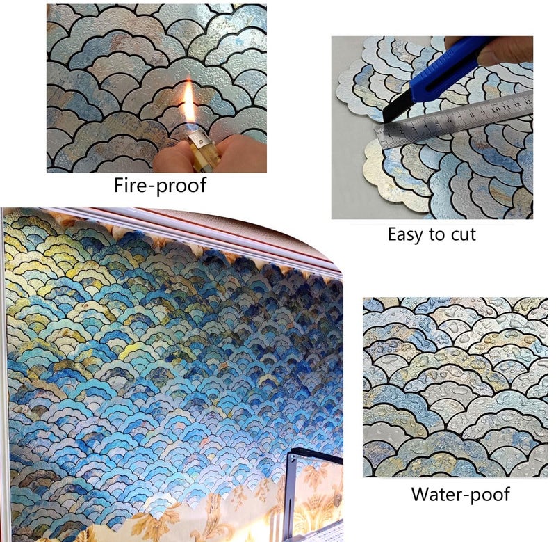 XUANINY 11-Sheet Peel and Stick Metal Backsplash Tiles, Self Adhesive Cloud-Shaped Aluminum Mosaic 3D Wall Sticker for Kitchen Bathroom Living Room Decor (Printing Blue, 11) - Image 3