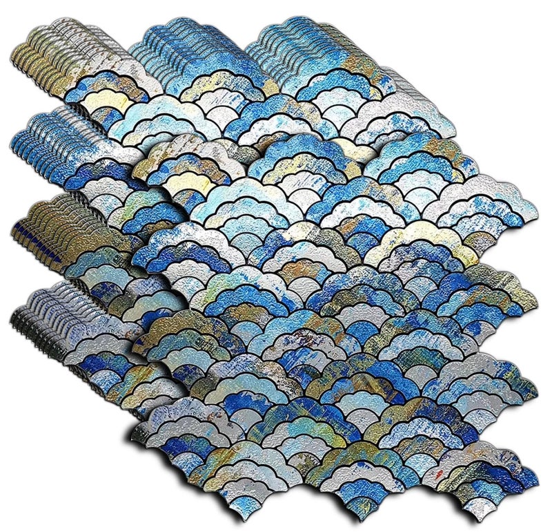 XUANINY 11-Sheet Peel and Stick Metal Backsplash Tiles, Self Adhesive Cloud-Shaped Aluminum Mosaic 3D Wall Sticker for Kitchen Bathroom Living Room Decor (Printing Blue, 11) - Image 1