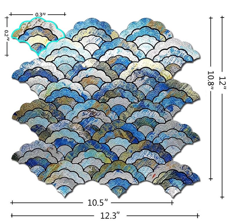 XUANINY 11-Sheet Peel and Stick Metal Backsplash Tiles, Self Adhesive Cloud-Shaped Aluminum Mosaic 3D Wall Sticker for Kitchen Bathroom Living Room Decor (Printing Blue, 11) - Image 2