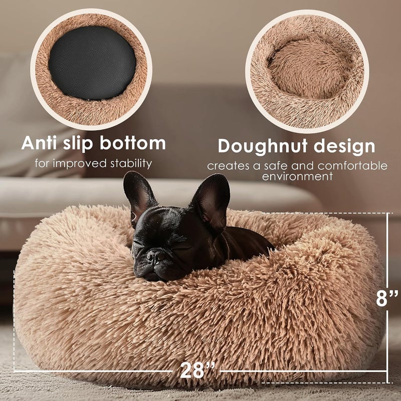 Hoewina 28in Large Dog Bed, Medium Size Dog and Cats, Calming Donut Bed for Puppy and Kitten, Washable Round Fluffy Pet Bed (Camel) - Image 3
