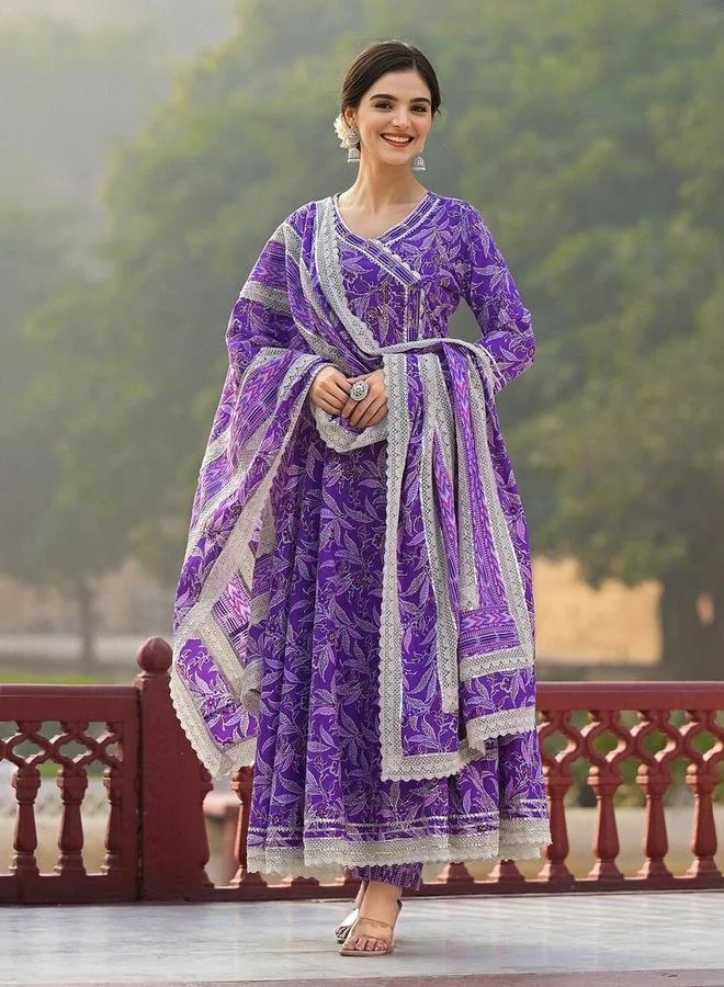 آي شين طقم كورتا وبنطال مع شال بلون بنفسجي بخامة القطن