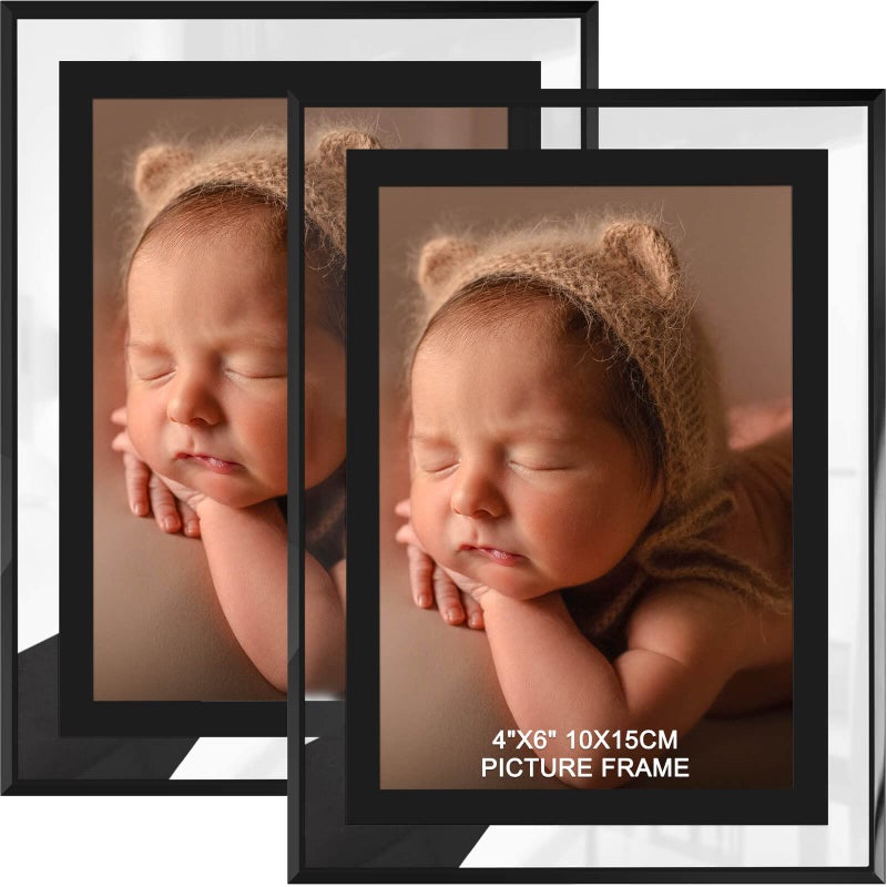 IZIDDO 4x6 Picture Frames Set of 2 Black Glass Photo Frame Only for Tabletop Display Gift Picture Frame Horizontally or Vertically 4x6 Black
