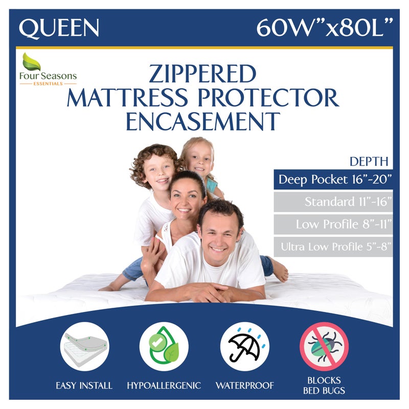 Queen Mattress Protector Bedbug Waterproof Zippered Cover  Deep Pocket Fits up to 20 Depth  Hypoallergenic Premium Quality Encasement Protects Against Dust White