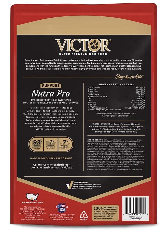 فيكتور طعام كلاب فيكتور سوبر بريميوم - غرض - نيوترا برو - طعام جاف خالٍ من الجلوتين وغني بالبروتين ومنخفض الكربوهيدرات للكلاب النشطة من جميع الأعمار - مثالي للكلاب الرياضية والكلاب الحوامل أو المرضعات والجراء، 5 أرطال - Image 2