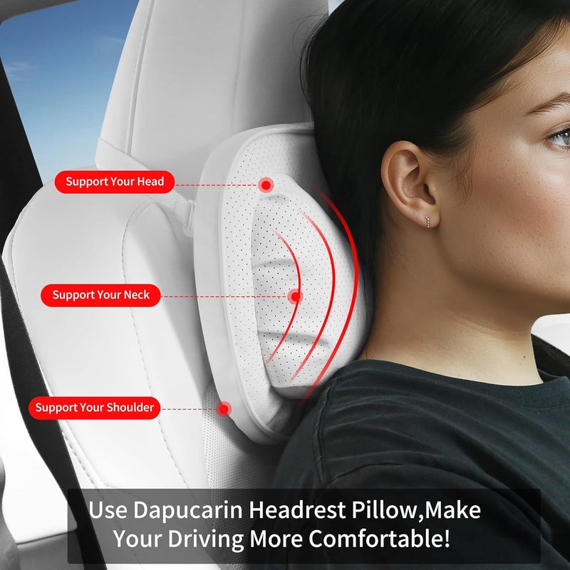 Dapucarin Car Neck Pillow - Soft Comfortable Premium Leather Headrest with Adjustable Strap, Ergonomic Support for Driving, Office & Gaming, White, 2 Pack - Image 3