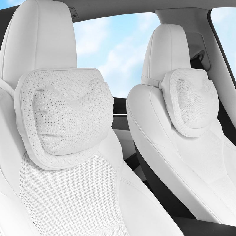 Dapucarin Car Neck Pillow - Soft Comfortable Premium Leather Headrest with Adjustable Strap, Ergonomic Support for Driving, Office & Gaming, White, 2 Pack - Image 1