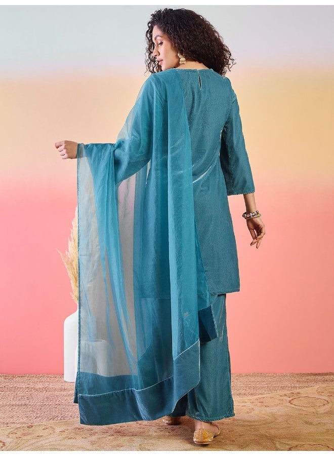 AKS Blue Velvet Pathani Kurta Set With Organza Dupatta - Image 4