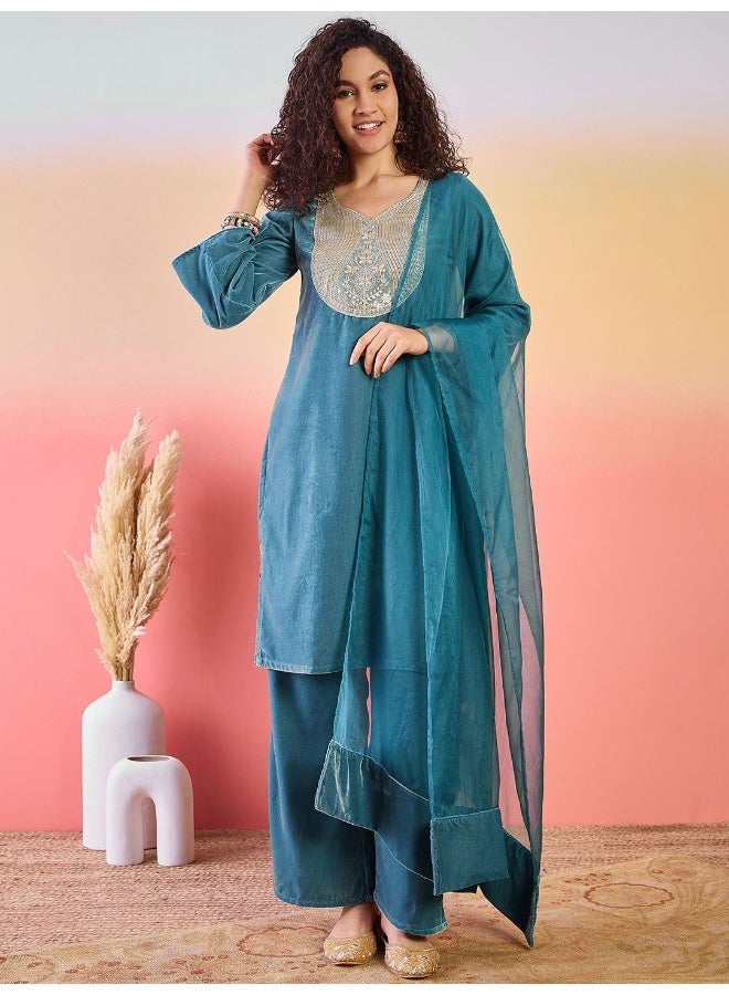 AKS Blue Velvet Pathani Kurta Set With Organza Dupatta - Image 1