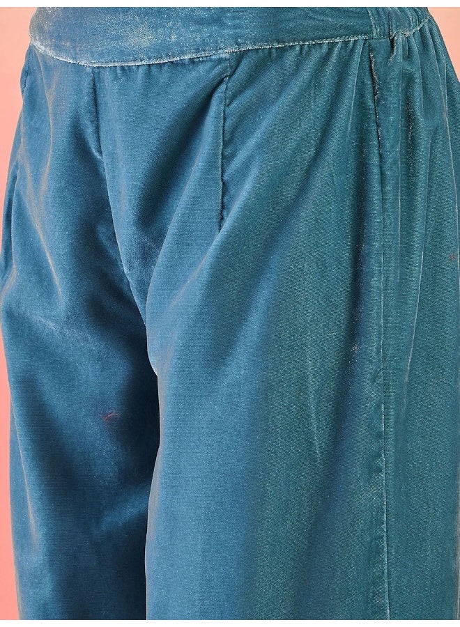 AKS Blue Velvet Pathani Kurta Set With Organza Dupatta - Image 3