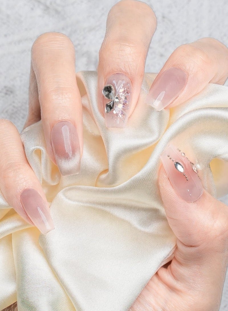 Nailosophy 10 Pcs Handmade Gel Press On Nails Medium Coffin Nude Pink Butterfly Rhinestone Reusable False Nails Nail Kit for Women Party Wedding Eid Special Occasions - Image 1
