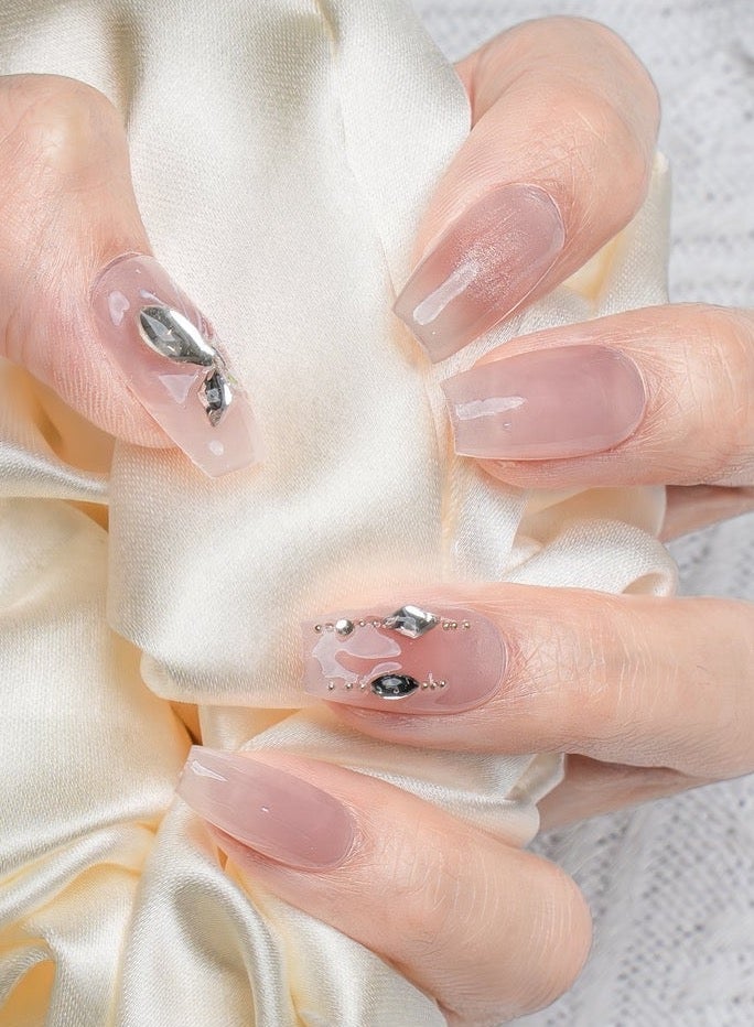 Nailosophy 10 Pcs Handmade Gel Press On Nails Medium Coffin Nude Pink Butterfly Rhinestone Reusable False Nails Nail Kit for Women Party Wedding Eid Special Occasions - Image 2